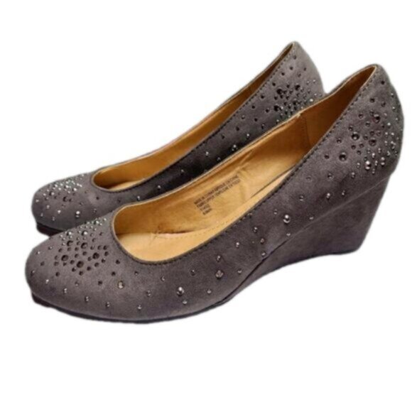 Suede Grey Embellished Glitter Business Casual Round Toe Low Wedge Pump Heels - Picture 1 of 7
